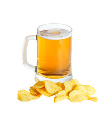 Mug of beer and potato chips isolated on white background