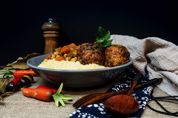traditional moroccan dish couscous salad with Meat ball