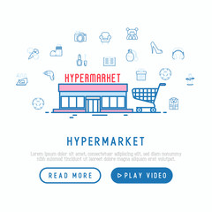 Hypermarket concept with thin line icons: apparel, sport equipment, electronics, perfumery, cosmetics, toys, food, appliances. Modern vector illustration, web page template.