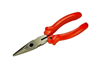 pliers with long clip and red pens on a white isolated background
