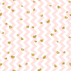 Gold heart seamless pattern. Pink-white geometric zig zag, golden confetti-hearts. Symbol of love, Valentine day holiday. Zigzag design wallpaper, background, texture. Vector illustration