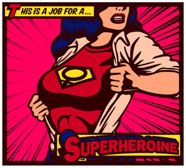 Pop art comic book style female superheroine tearing shirt and wearing superhero costume with female gender symbol vector illustration