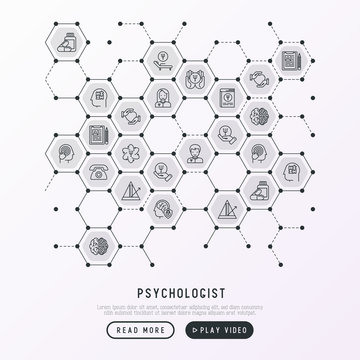 Psychologist concept in honeycombs with thin line icons: psychiatrist, disease history, armchair, pendulum, antidepressants, psychological support. Vector illustration for banner, web page.