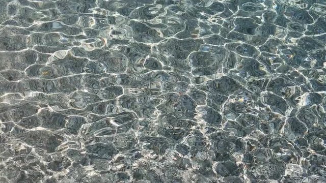 Paradise sea ripple water surface with sunlight glow and pebble bottom thrue. View from coastline trail of Zingaro Nature Reserve Park, Sicily, Italy.  Sea resort natural background pattern.