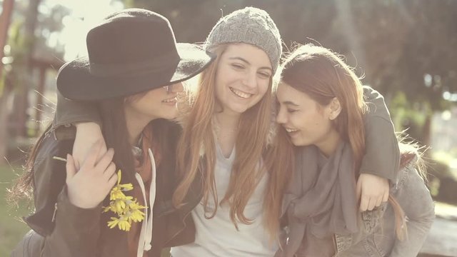 Group young girl having fun in the park