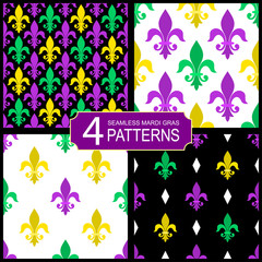 Set of seamless vector pattern with heraldic fleur de lis flowers. Vector background for the Mardi Gras festival.