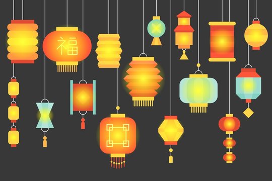 night scene of traditional chinese paper lantern for chinese new year and mid autumn festival, with chinese alphabet meaning luck , set 1/2