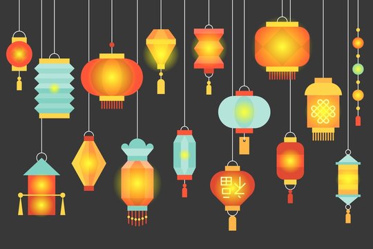 night scene of traditional chinese paper lantern for chinese new year and mid autumn festival, with chinese alphabet meaning luck , set 2/2