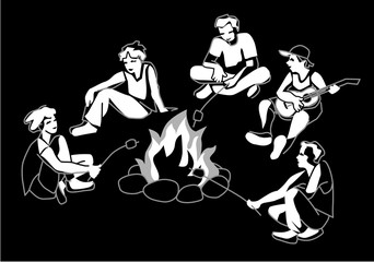 Friends, boys and girls sitting on bonfire, playing guitar and frying marshmallow, cartoon vector illustration.