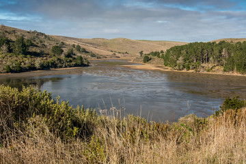 Estuary at the Estero Trail in Point Reyes National Seashore, California, USA, featuring brown grass in the winter