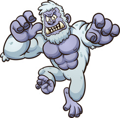 Angry yeti monster jumping at the screen. Vector clip art illustration with simple gradients. All in a single layer.  - obrazy, fototapety, plakaty