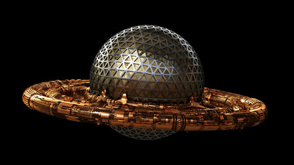 UFO, alien spaceship isolated on black background, flying saucer with steampunk look