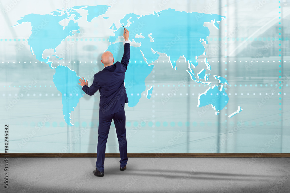 Poster businessman in front of a wall with a connected world map on a uniform background - 3d render