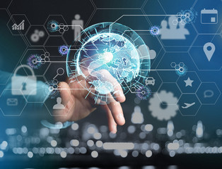 International business network connection displayed on a futuristic interface with technology icon and sphere globe - Worldwide business concept