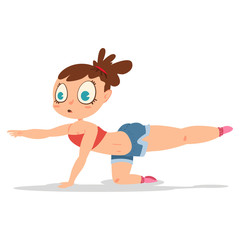 Woman doing fitness exercises. Cute cartoon girl vector character isolated on a white background. Healthy lifestyle and sport illustration.
