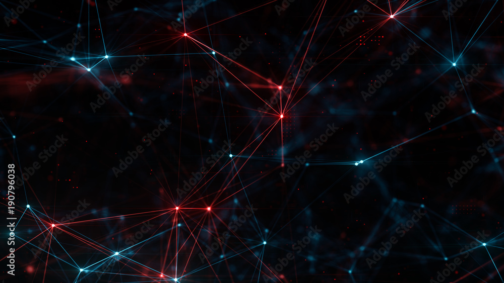 Poster abstract plexus structure of many glowing lines and particles. blue and red blurred background with 