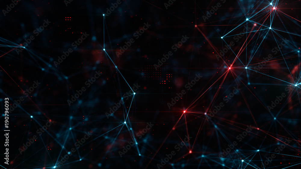 Poster abstract plexus structure of many glowing lines and particles. blue and red blurred background with 