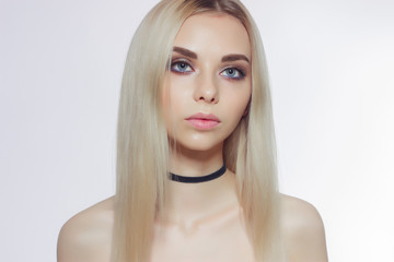 Portrait of sexy caucasian young woman. Natural spa beauty with pure skin. Beautiful model with natural make-up, clean skin on white background