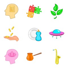 State of meditation icons set, cartoon style