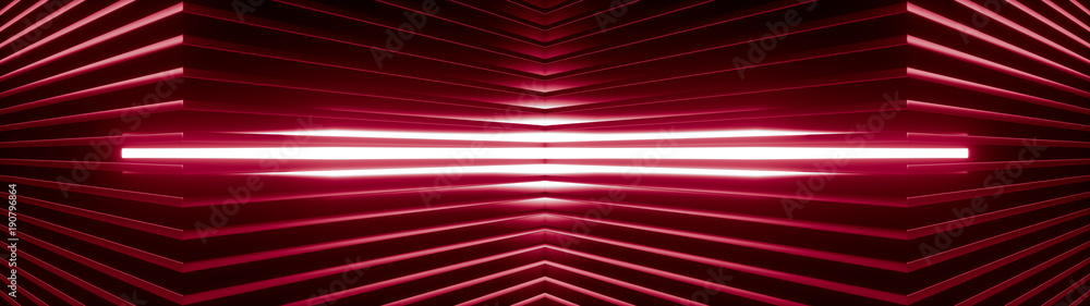Fototapete Geometric super wide background made of many red metal shelves with glowing light behind. Abstract symmetric industrial structure. 3d rendering