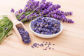 lavender  / Porcelain bowl with dried  lavender flowers and bouquet with lavender 