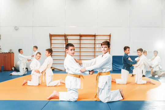 Kid judo, children on fight training, martial art