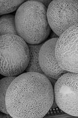 Isolated, close-up shot of black and white shot of cantaloupes, with veins and patterns