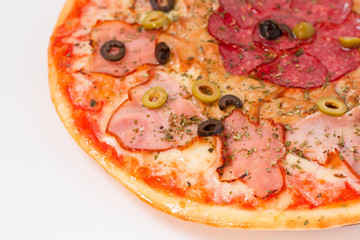 Fresh and appetizing, juicy pizza on a white background