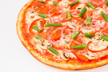 Fresh and appetizing, juicy pizza on a white background