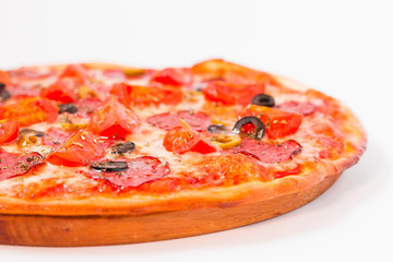 Fresh and appetizing, juicy pizza on a white background