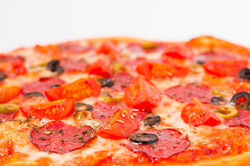 Fresh and appetizing, juicy pizza on a white background