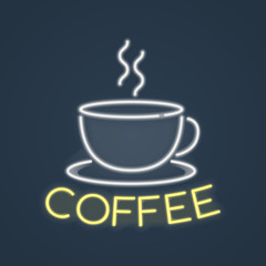Glowing neon coffee sign. Vector illustration.