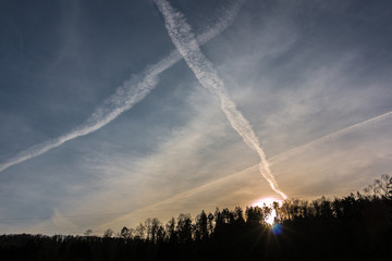 Contrails in the blue sky