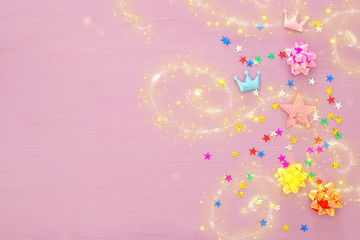 Purim celebration concept (jewish carnival holiday). Top view.