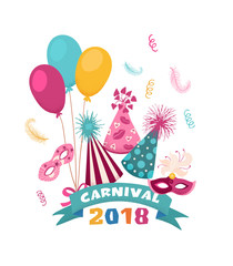 Obraz na płótnie Canvas Carnival 2018 banner template with carnaval symbols isolated on white background. Vector colorful funfair illustration with festive cone caps,masks and balloons.