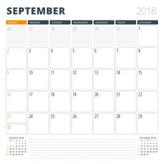 Calendar Planner for September 2018. Design Template. Week Starts on Sunday. 3 Months on the Page