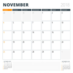 Calendar Planner for November 2018. Design Template. Week Starts on Sunday. 3 Months on the Page