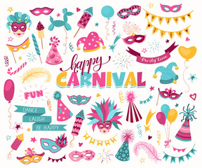 Hand drawn carnival objects set isolated on white background. Masqeurade design elements collection. Colorful carnaval masks, feathers, firecrackers. Mardi grass traditional symbols.