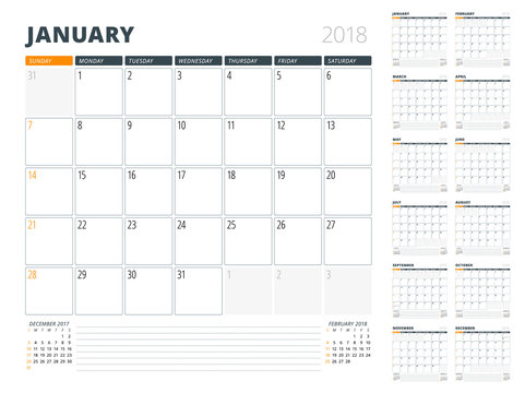 Calendar Planner for 2018 Year. Design Template. Week Starts on Sunday