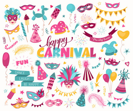 Hand drawn carnival objects set isolated on white background. Masqeurade design elements collection. Colorful carnaval masks, feathers, firecrackers. Mardi grass traditional symbols.