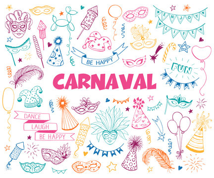 Hand drawn carnival objects set isolated on white background. Masqeurade design elements collection in line art style. Doodle carnival masks, feathers, firecrackers. Mardi grass traditional symbols.