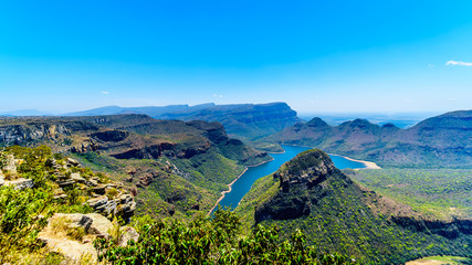 View of the highveld and the Blyde River Dam in the Blyde River Canyon Reserve, along the Panorama Route in Mpumalanga Province of South Africa