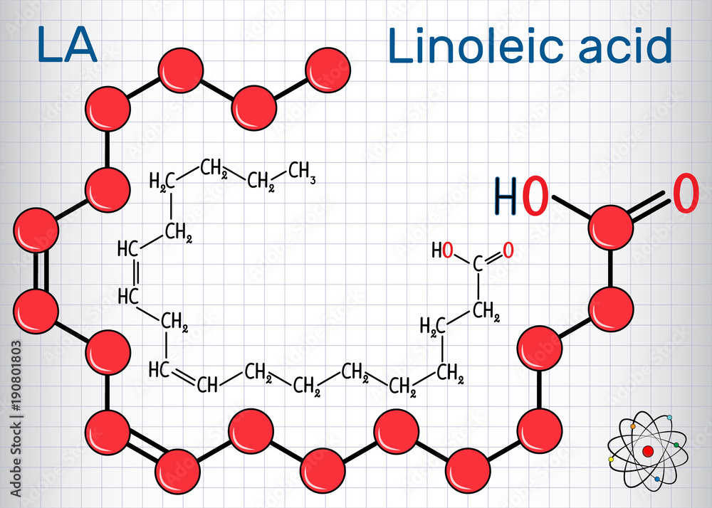 Sticker Linoleic acid (LA). Structural chemical formula and molecule model. Sheet of paper in a cage