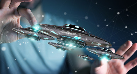 Businessman with retro UFO spaceship 3D rendering