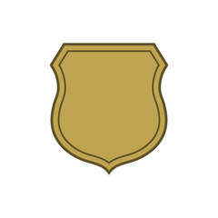 Shield shape gold icon. Simple flat logo on white background. Symbol of security, protection, safety, strong. Element badge for protect design emblem decoration.. Vector illustration