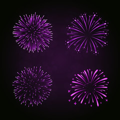 Beautiful purple fireworks set. Bright fireworks isolated black background. Light pink decoration fireworks for Christmas, New Year celebration, holiday festival, birthday card. Vector illustration