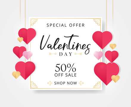 Valentines day sale background with heart shaped. Flyer template with decorative hearts. Banner or Flyer design of Sale with 50% discount offer. Vector flyer template