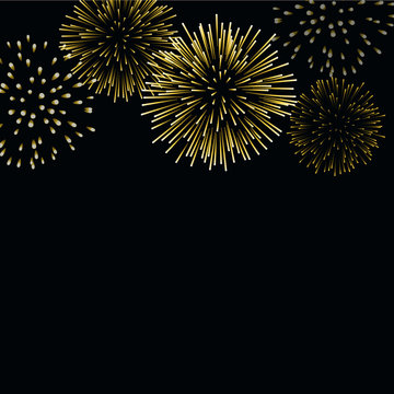 Firework gold sparkle background card. Beautiful bright fireworks isolated on black background. Light golden decoration firework for Christmas card, New Year celebration. Vector illustration