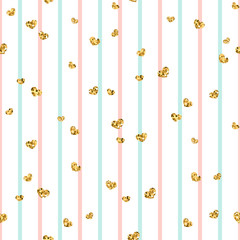 Gold heart seamless pattern. Pink-blue-white geometric stripes, golden confetti-hearts. Symbol of love, Valentine day holiday. Design wallpaper, background, fabric texture. Vector illustration