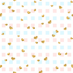 Gold heart seamless pattern. Blue-pink-white geometric square, golden confetti-hearts. Symbol of love, Valentine day holiday. Design wallpaper, background, fabric texture. Vector illustration